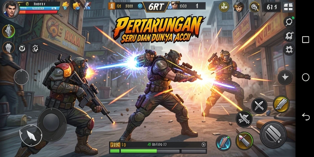 Tangkapan layar utama 6RT menampilkan aksi luar biasa dan karakter dinamis.