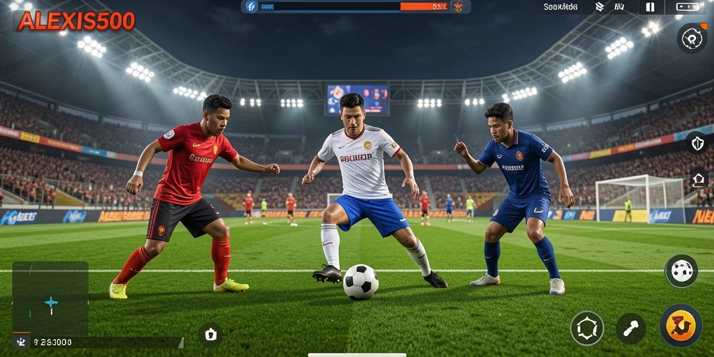Tangkapan layar ALEXIS500 yang menampilkan aksi sepak bola yang mendebarkan.