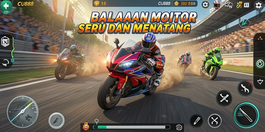 Screenshot gameplay menunjukkan aksi balapan motor yang intens dan mendebarkan.