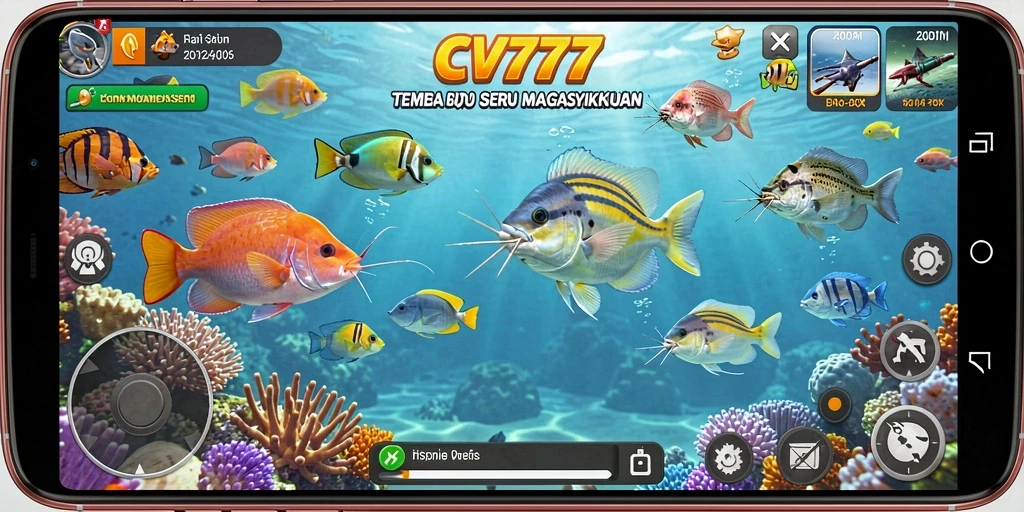 Screenshot utama CV777 menampilkan aksi menangkap ikan yang seru.