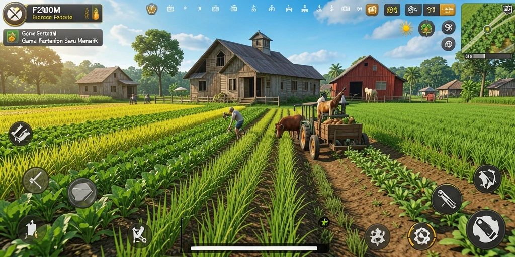 Tangkapan layar gameplay F200M yang menunjukkan aktivitas bertani yang seru.