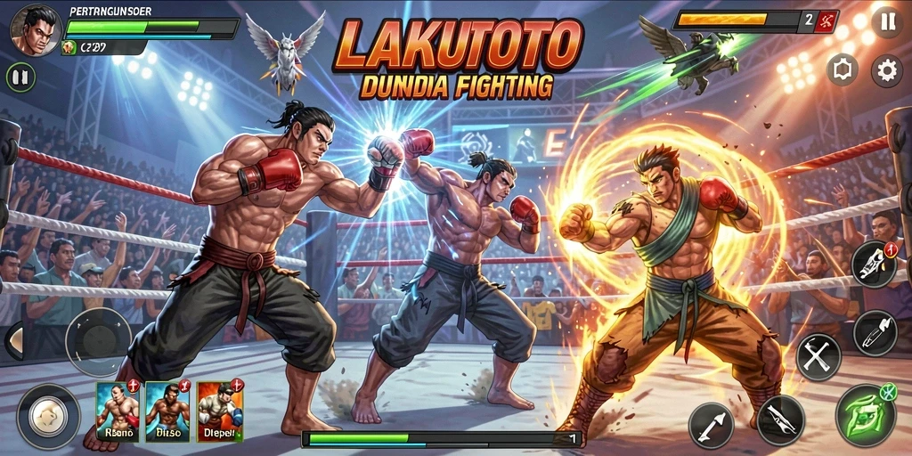 Tangkapan layar pertarungan seru dalam LAKUTOTO dengan karakter yang beraksi.