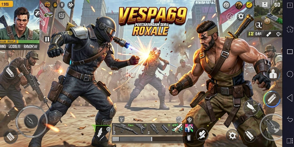 Screenshot VESPA69 menunjukkan aksi mendebarkan dalam pertempuran Battle Royale.